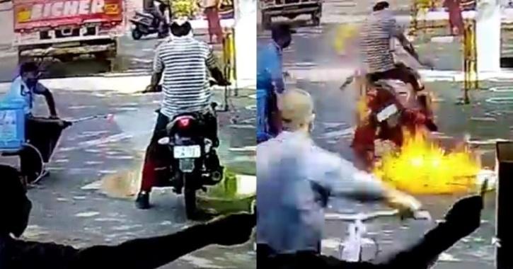 bike catches fire while disinfecting